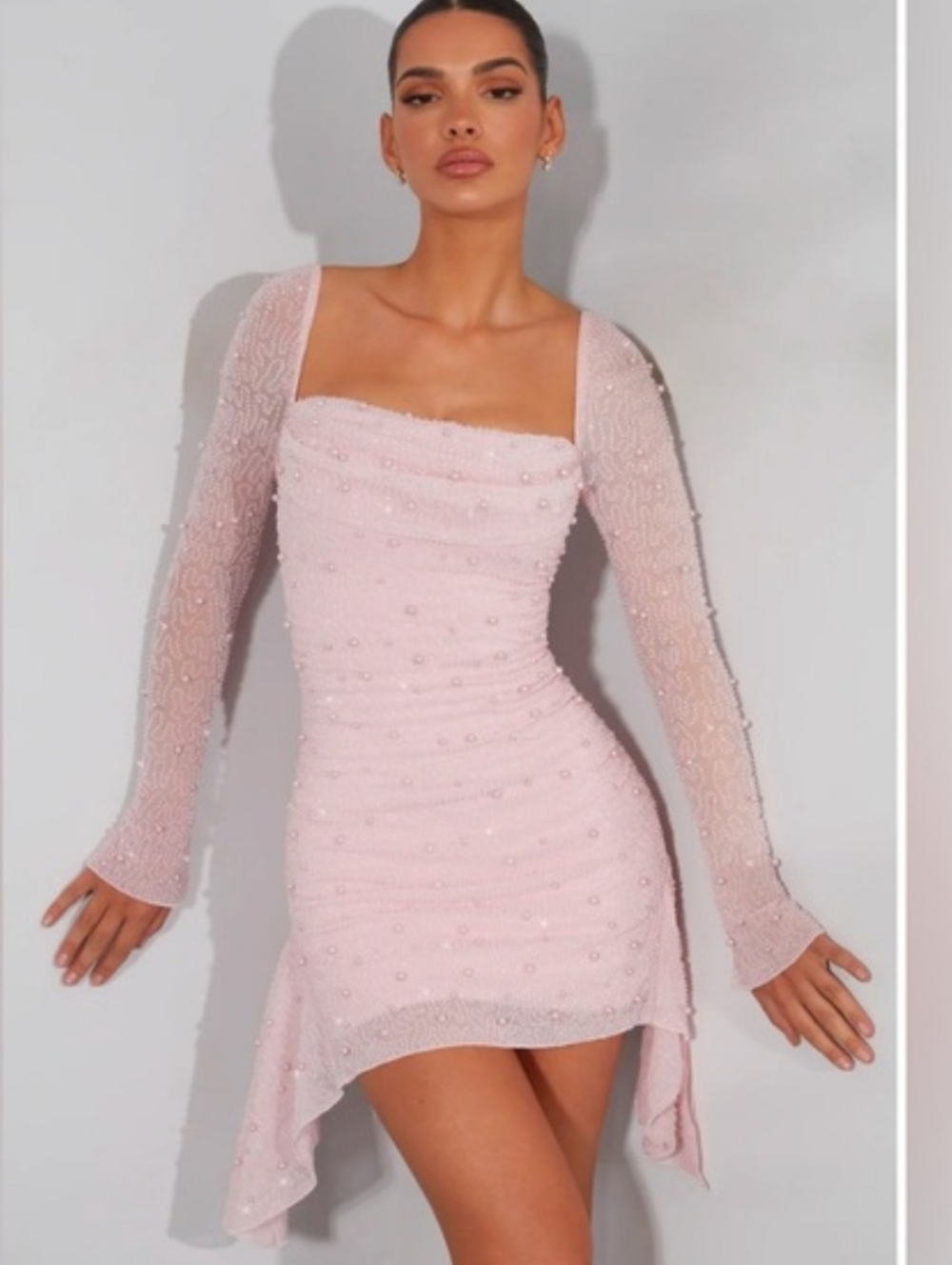 Oh Polly Long Sleeve Embellished Cowl Neck Mini Dress in Blush Size 2